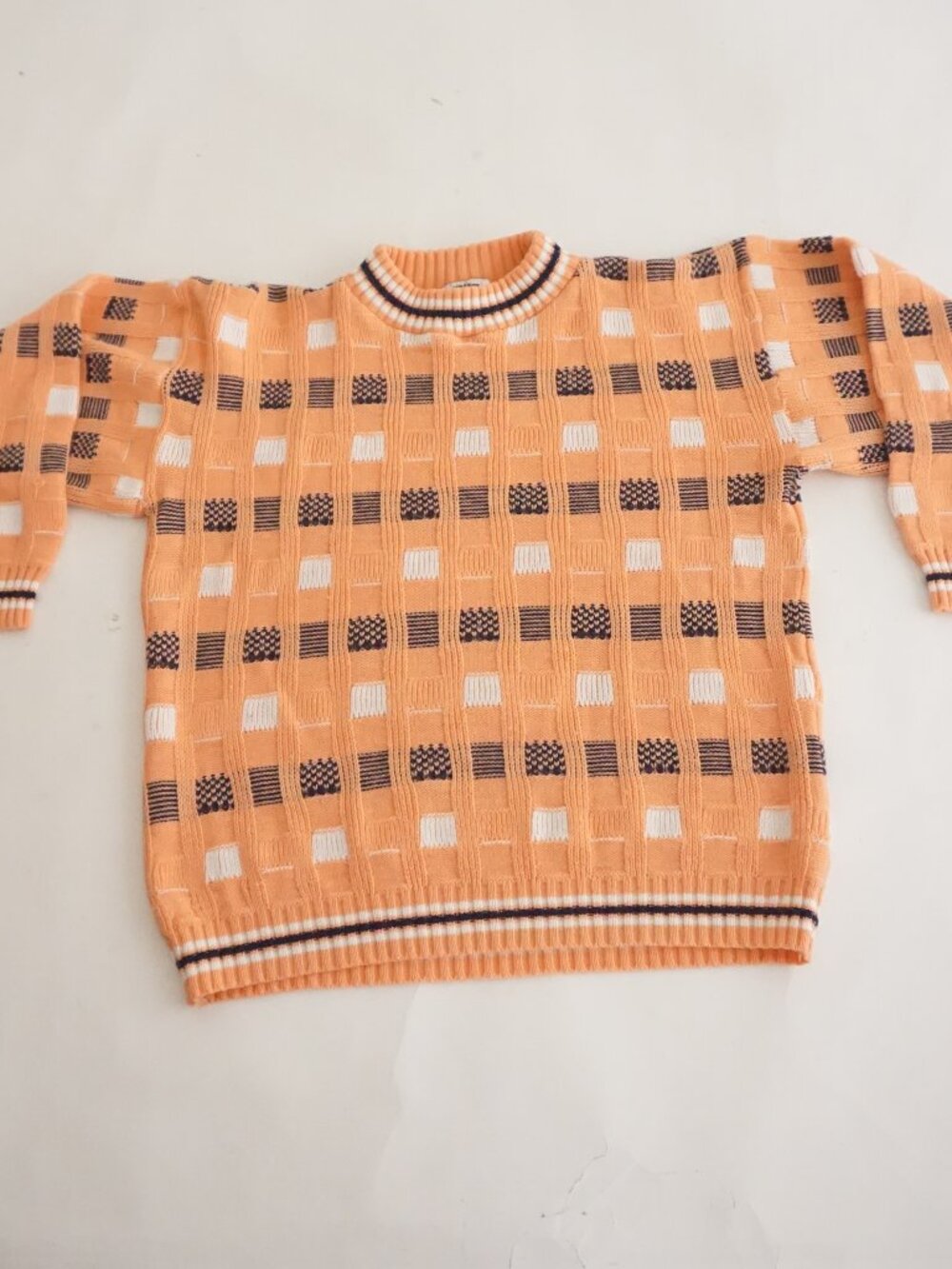 Vintage Jolie Orange Navy White Geometric Check Made USA Textured Knit Sweater M